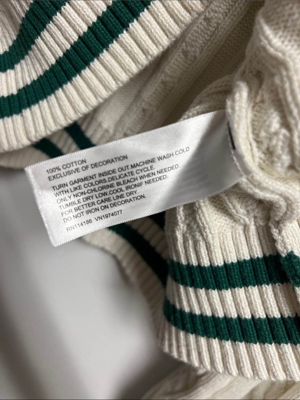 Prince Cream Cotton Cable Knit V-Neck Sweater Dark Green Trim Retro Preppy XL - Picture 4 of 6